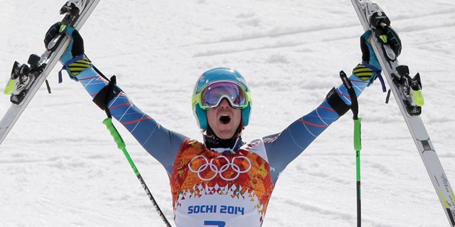 Feb. 19, 2014: United States' Ted Ligety celebrates after winning the gold medal in the men's giant slalom at the Sochi 2014 Winter Olympics in Krasnaya Polyana, Russia.