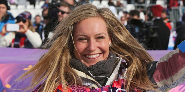 Feb. 9, 2014: Jamie Anderson of the United States celebrates after winning the women's snowboard slopestyle final at the 2014 Winter Olympics in Krasnaya Polyana, Russia.