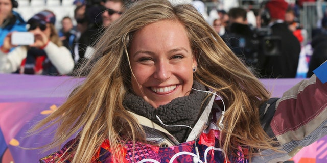 Feb. 9, 2014: Jamie Anderson of the United States celebrates after winning the women's snowboard slopestyle final at the 2014 Winter Olympics in Krasnaya Polyana, Russia.