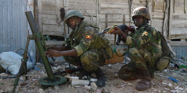 African Union troops in defence in Yaaqshid district of Mogadishu, Somalia, Thursday, July 28, 2011. The government and African Union Peacekeeping troops launched attack and seized al-Shabaab bases in Wardhiigley, Yaaqshid and Boondere districts of Mogadishu.