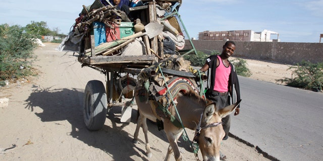 May. 7, 2014: A Somali refugee girl on a donkey fleeing the Somali capital due to hunger, to a refugee camp, in Mogadishu, Somalia.