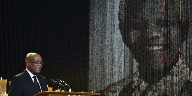 December 15, 2013: South Africa President Jacob Zuma speaks during the funeral service for former South African President Nelson Mandela in Qunu, South Africa. (AP Photo/Odd Andersen, Pool)