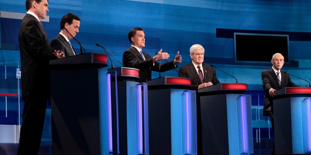 Republican presidential candidates, from left to right: Texas Gov. Rick Perry; former Pennsylvania Sen. Rick Santorum; former Massachusetts Gov. Mitt Romney; former House Speaker Newt Gingrich; and Rep. Ron Paul, R-Texas, participate in the South Carolina Republican presidential candidate debate in Myrtle Beach, S.C., Monday, Jan. 16, 2012. (AP Photo/Charles Dharapak, Pool)