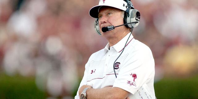 Aug 28, 2014; Columbia, SC, USA; South Carolina Gamecocks head coach Steve Spurrier watches a replay during the second quarter against the Texas A&M Aggies at Williams-Brice Stadium. Mandatory Credit: Jeremy Brevard-USA TODAY Sports