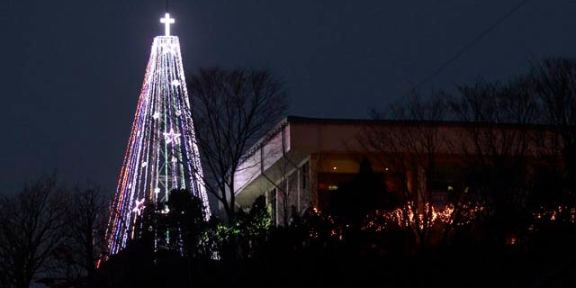 This Tuesday, Dec. 21, 2010 photo shows a giant steel Christmas tree lit up at the western mountain peak known as Aegibong in Gimpo, South Korea. South Korean military officials said they pulled down the tree near the country's heavily-armed border with North Korea at a time when the countries are pursuing better ties after months of animosity. (AP Photo/Lee Jin-man)