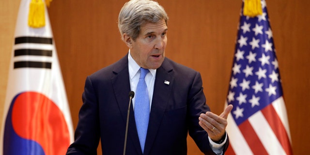 May 18, 2015: U.S. Secretary of State John Kerry answers a reporter's question during a joint news conference following meetings with South Korean Foreign Minister Yun Byung-se at the Foreign Ministry in Seoul. (AP Photo/Lee Jin-man, Pool)