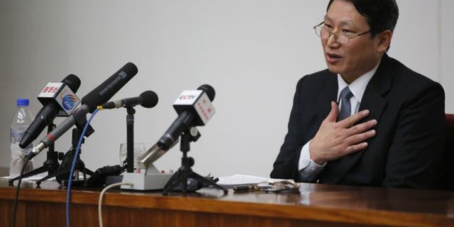 February 27, 2014: Kim Jung Wook, a South Korean Baptist missionary, speaks during a news conference in Pyongyang, North Korea. (AP)