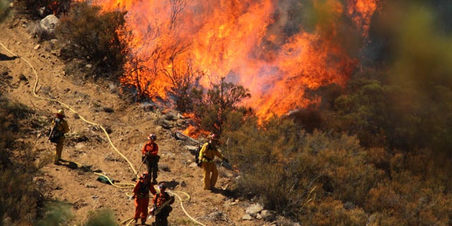 July 17, 2013: A female inmate hand crew from Puerta La Cruz and firefighters in an engine company with them set fire to reinforce the line to stave off part of the Mountain Fire burning up a hill toward them off Apple Canyon Road near Lake Hemet, Calif. Officials say the wildfire in the mountains west of Palm Springs has destroyed three houses and three mobile homes and is threatening dozens more residences. (AP Photo/The Desert Sun, Crystal Chatham)