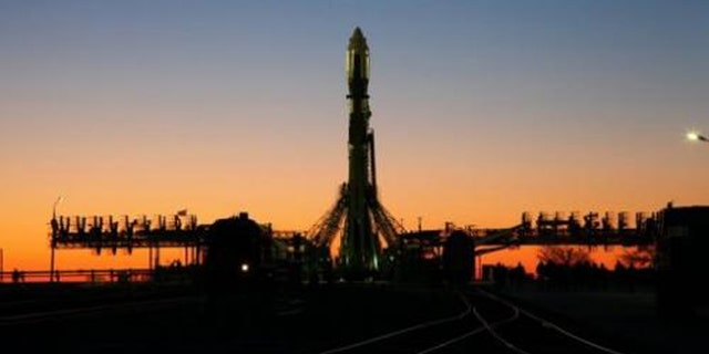 April 18, 2013: A Soyuz-2.1b carrier rocket, carrying a Bion-M capsule is seen on the launch pad a Russia's Baikonur cosmodrome.