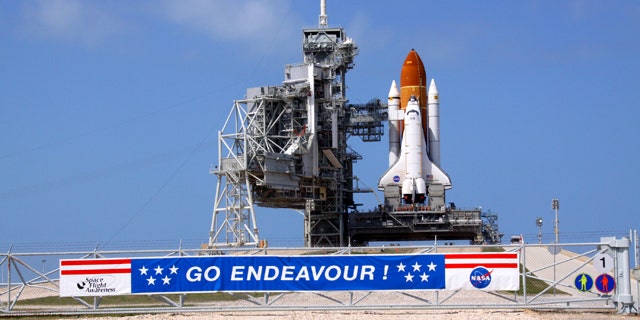 The rotating service structure on Launch Pad 39A was rotated to an open position to accept the payload delivery for space shuttle Endeavour's STS-134 mission.
