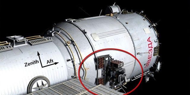 The location of the Expose-R and IPI-SM worksite outside the International Space Station, where two Russian cosmonauts will install a new high-speed data transmission system, remove an old plasma pulse experiment, install a camera for the new Rassvet docking module and retrieve a materials exposure package.