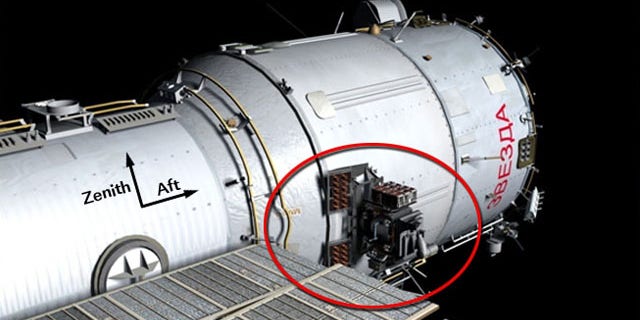 The location of the Expose-R and IPI-SM worksite outside the International Space Station, where two Russian cosmonauts will install a new high-speed data transmission system, remove an old plasma pulse experiment, install a camera for the new Rassvet docking module and retrieve a materials exposure package.