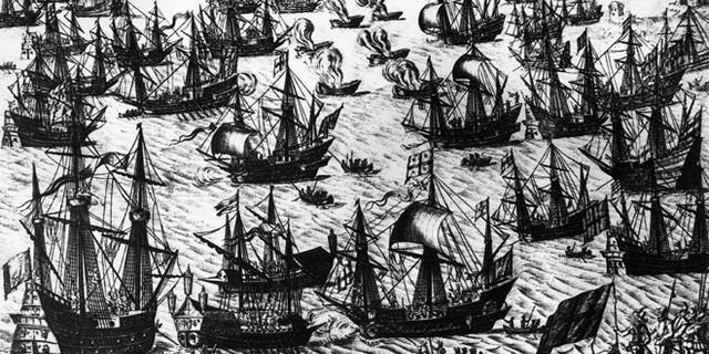 August 1588, A Dutch engraving depicting English fire ships amongst the warships of the Spanish Armada on 7th and 8th August 1588. The Spanish fleet was at anchor and was forced to cut anchor cables and scatter. (Photo by Hulton Archive/Getty Images)