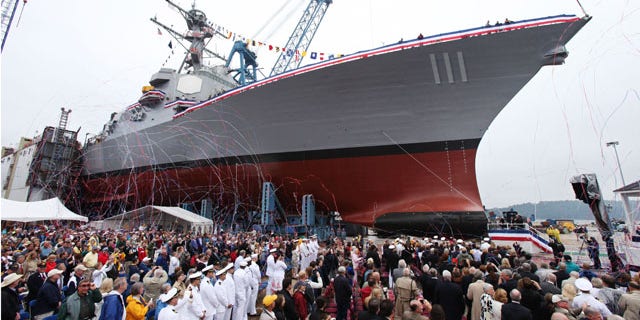 June 5: The Spruance is seen during the christening ceremony at Bath Iron Works in Bath, Maine. (AP)