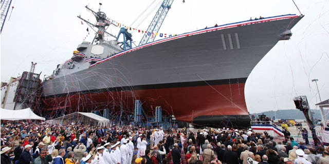 June 5: The Spruance is seen during the christening ceremony at Bath Iron Works in Bath, Maine. (AP)