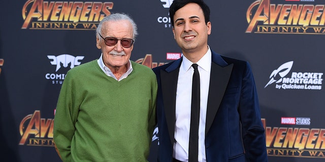 Stan Lee, left, and Keya Morgan arrive at the world premiere of "Avengers: Infinity War" on Monday, April 23, 2018, in Los Angeles. (Photo by Jordan Strauss/Invision/AP)