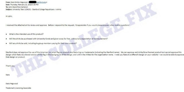 Stanford University's trademark office emailed the Stanford College Republicans telling them they couldn't use their new logo because it contained an American flag