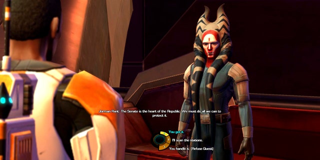 Game makers are crafting more sophisticated story lines and creating characters that evolve based on their experiences within a game, as in this scene from "Star Wars: the Old Republic."