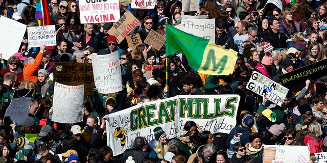 A sign from Maryland's Great Mills High School is seen in the crowd during the "March for Our Lives" rally in support of gun control, Saturday, March 24, 2018, in Washington.