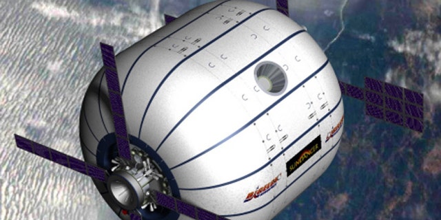 An artists conception of the Sundancer module in orbit, an inflatable space hotel being developed by Bigelow Aerospace.