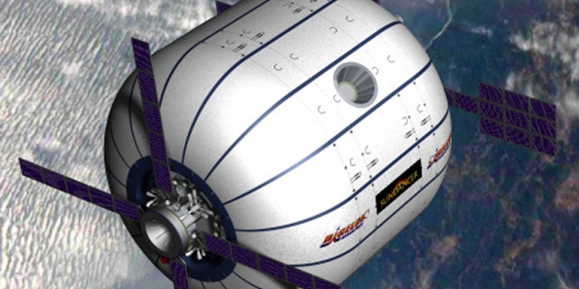 An artists conception of the Sundancer module in orbit, an inflatable space hotel being developed by Bigelow Aerospace.