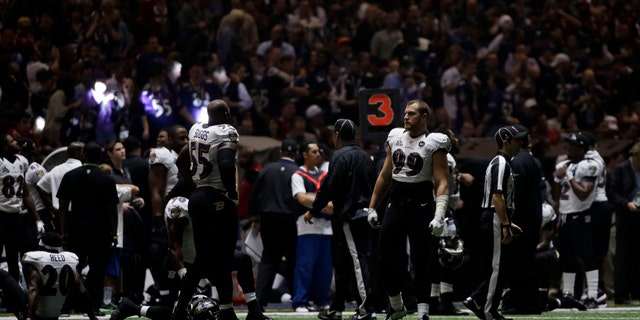 Baltimore Ravens players look around the Superdome after the lights went out during the second half of NFL Super Bowl XLVII football game Sunday, Feb. 3, 2013, in New Orleans. (AP Photo/Matt Slocum)