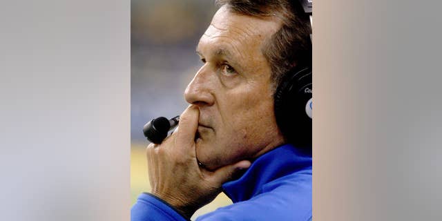 FILE - In this Oct. 18, 2014, file photo, Indiana State coach Mike Sanford watches from the sideline during an NCAA college football game against North Dakota State in Fargo, N.D. Five years ago, the Sycamores were mired in a 33-game losing streak, the fourth longest in Division I history. On Saturday, they’ll travel to Chattanooga, the alma mater of Terrell Owens and Drayton Florence, looking to reach the FCS quarterfinals. (AP Photo/Bruce Crummy, File)