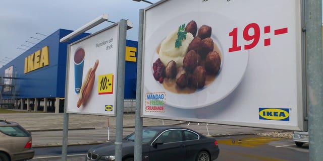 FILE -- Feb. 25, 2012: Advertising for Ikea meat balls at the parking area at an Ikea store in Malmo, Sweden. Furniture retailer Ikea says it has halted all sales of meat balls in Sweden after Czech authorities detected horse meat in frozen meatballs that were labeled as beef and pork.