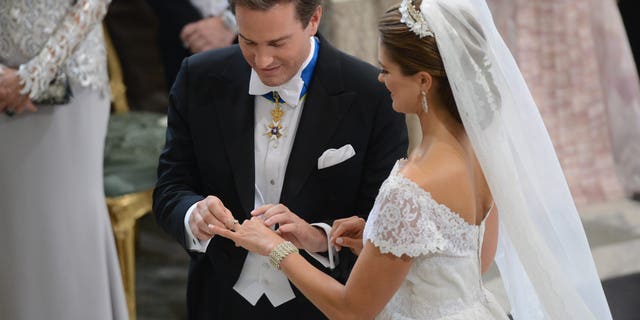 Princess Madeleine of Sweden and Christopher O'Neill during their wedding ceremony at the Royal Chapel in Stockholm.