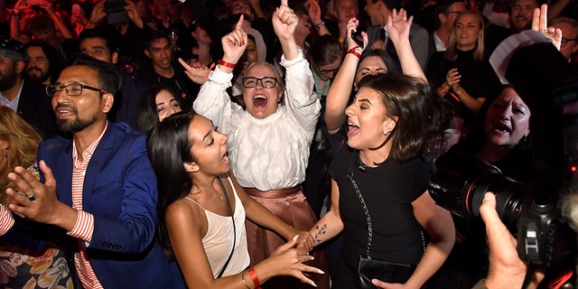 Supporters attend the Social Democratic Party's election night party in Stockholm, Sweden, Sunday, Sept. 9, 2018. Claudio Bresciani/TT via AP