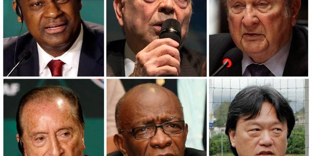 FILE - This is a combo of six file photos of the soccer officials involved in the US Justice Department of investigation into corruption at FIFA. From top left clockwise a Jeffrey Webb: Current FIFA vice-president and executive committee member, Concacaf president, Jose Maria Marin Current member of the FIFA organising committee for the Olympic football tournaments, Nicolas Leoz former FIFA executive committee member and Conmebol president, Eugenio Figueredo current FIFA vice-president and executive committee member, Jack Warner, former FIFA vice-president and executive committee member, Concacaf president, and Eduardo Li, current FIFA executive committee member-elect, Concacaf executive committee member . (AP Photo/File)