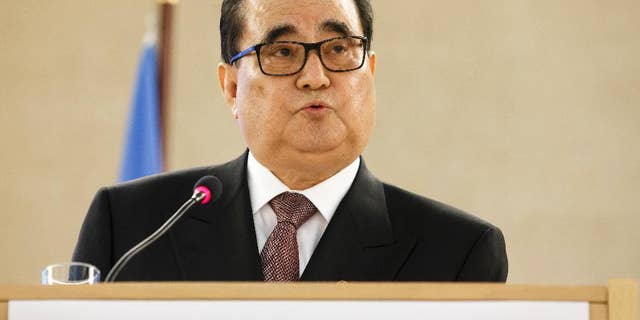 Ri Su Yong, Minister for Foreign Affairs of North Korea, addresses his statement during the Human Rights Council at the European headquarters of the United Nations in Geneva, Switzerland, Tuesday, March 3, 2015. (AP Photo/Keystone, Salvatore Di Nolfi)