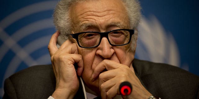 January 25, 2014: U.N. mediator Lakhdar Brahimi gestures during a press briefing at the United Nations headquarters in Geneva, Switzerland. (AP Photo)