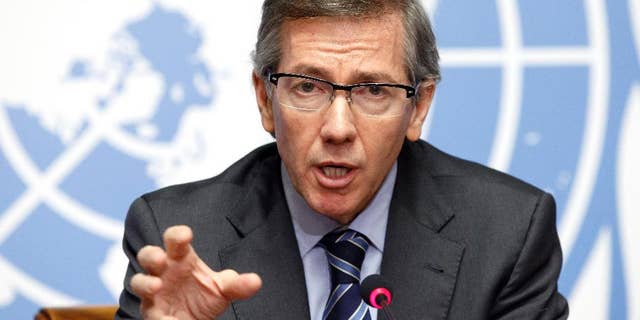 Bernardino Leon, Special Representative of the Secretary-General for Libya and Head of the United Nations Support Mission in Libya (UNSMIL), informs the media before a new round of political dialogue that seeks to end Libya's deepening political and security crisis during a press conference at the European headquarters of the United Nations in Geneva, Switzerland, Wednesday, Jan. 14, 2015. (AP Photo/Keystone/Salvatore Di Nolfi)