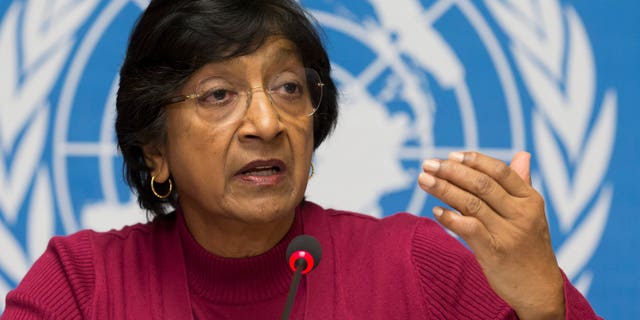 Dec. 2, 2013 - UN High Commissioner for Human Rights, South African Navi Pillay speaks at a news conference at the European UN headquarters in Geneva, Switzerland. Pillay says there is mounting evidence that Syrian government officials including President Bashar Assad are responsible for crimes against humanity.