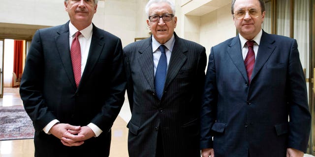 Jan. 11, 2013 - Lakhdar Brahimi, center, Joint Special Representative of the United Nations & League of Arab States for Syria, with Mikhail Bogdanov, right, Russian Deputy Foreign Minister and William Burns, left, US Deputy Secretary of State meet in Geneva, Switzerland.