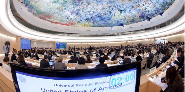 Nov. 5: General view of the assembly hall during the Universal Periodic Review (UPR) on the United States of America of the Human Rights Council at the European headquarters of the United Nations in Geneva, Switzerland.