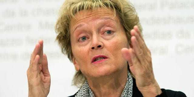 May 29, 2013: Swiss Finance Minister Eveline Widmer-Schlumpf speaks during a press conference in Bern, Switzerland. The Swiss government says it will let banks circumvent the country's strict client secrecy laws as part of an effort to end a long-running tax evasion dispute with the United States.