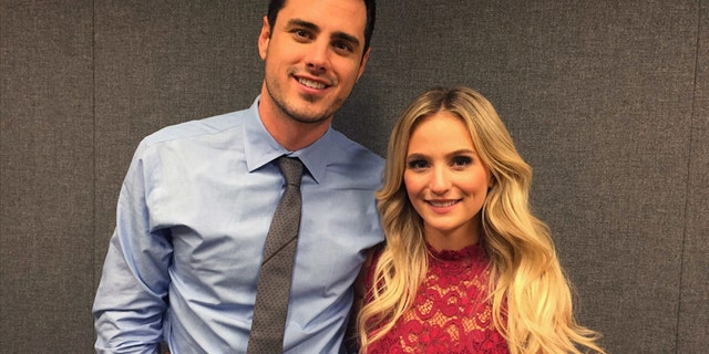 Ben Higgins and Lauren Bushnell pose for a photo, Tuesday, March 15, 2016, in New York. Higgins proposed marriage to Bushnell in the season finale of ABC's "The Bachelor." The show just wrapped its 20th season.