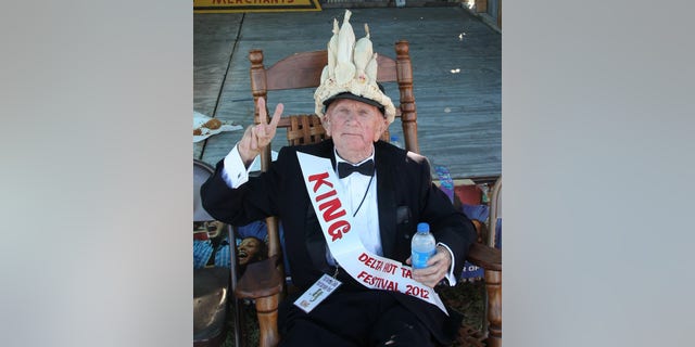 World War II veteran Lawrence “Shine” Thornton, 87, is shown after being crowned “Hot Tamale King” for his home-cooked beef tamales. Thornton died from injuries he received during an apparent mugging at his Mississippi home on October 20, 2013.