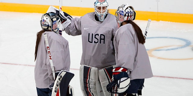 Team USA goaltenders Madeline Rooney, Alex Rigsby, Nicole Hensley train at the Kwandong Hockey Centre in Gangneung, South Korea on February 10, 2018.