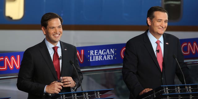 SIMI VALLEY, CA - SEPTEMBER 16:  Republican presidential candidate Marco Rubio and Ted Cruz take part in the presidential debates at the Reagan Library on September 16, 2015 in Simi Valley, California. Fifteen Republican presidential candidates are participating in the second set of Republican presidential debates.  (Photo by Justin Sullivan/Getty Images)