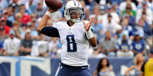 NASHVILLE, TN - SEPTEMBER 27: Marcus Mariota #8 of the Tennessee Titans drops back to throw a pass against the Indianapolis Colts at Nissan Stadium on September 27, 2015 in Nashville, Tennessee. (Photo by Frederick Breedon/Getty Images)