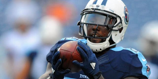 Sep 3, 2015; Nashville, TN, USA; Tennessee Titans tight end Delanie Walker (82) prior to the game against the Minnesota Vikings at Nissan Stadium. Mandatory Credit: Christopher Hanewinckel-USA TODAY Sports