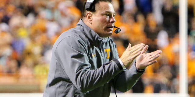 Oct 3, 2015; Knoxville, TN, USA; Tennessee Volunteers head coach Butch Jones during the first quarter against the Arkansas Razorbacks at Neyland Stadium. Mandatory Credit: Randy Sartin-USA TODAY Sports