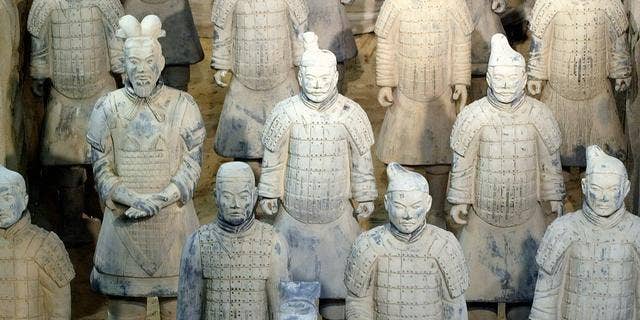 Oct. 16, 2004: Copies of Chinese terracotta soldiers, at exhibition in Berlin, Germany.