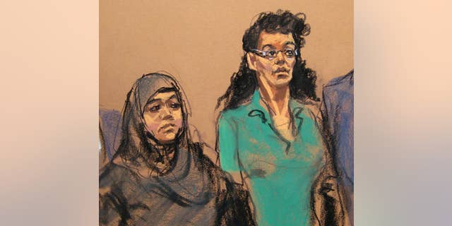 FILE- In this April 2, 2015 courtroom sketch, defendants Noelle Velentzas, left and Asia Siddiqui, appear at federal court in New York on charges they plotted to wage violent jihad by building a homemade bomb and using it for a Boston Marathon-type terror attack. According to prosecutors, the pair weren’t interested in taking on the subservient role of going overseas to marry the militant group fighters, but sought to "make history" on their own by building a bomb and attacking a domestic target. (AP Photo/Jane Rosenberg, File)