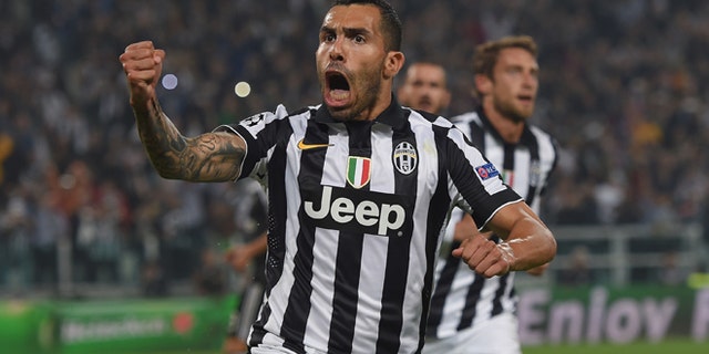 Carlos Tevez of Juventus celebrates on May 5, 2015 in Turin, Italy.