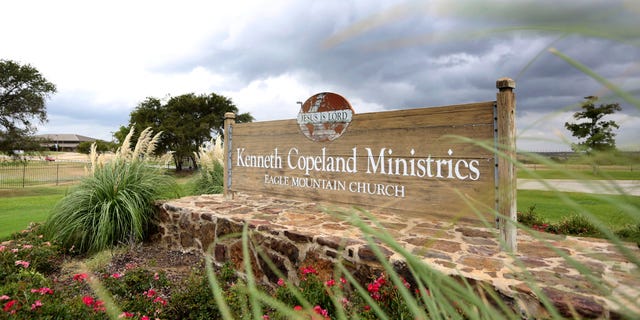 Aug. 27, 2013: This photo shows a sign at the entrance of the Kenneth Copeland Ministries Eagle Mountain Church, in Newark, Texas.