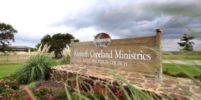 Aug. 27, 2013: This photo shows a sign at the entrance of the Kenneth Copeland Ministries Eagle Mountain Church, in Newark, Texas.